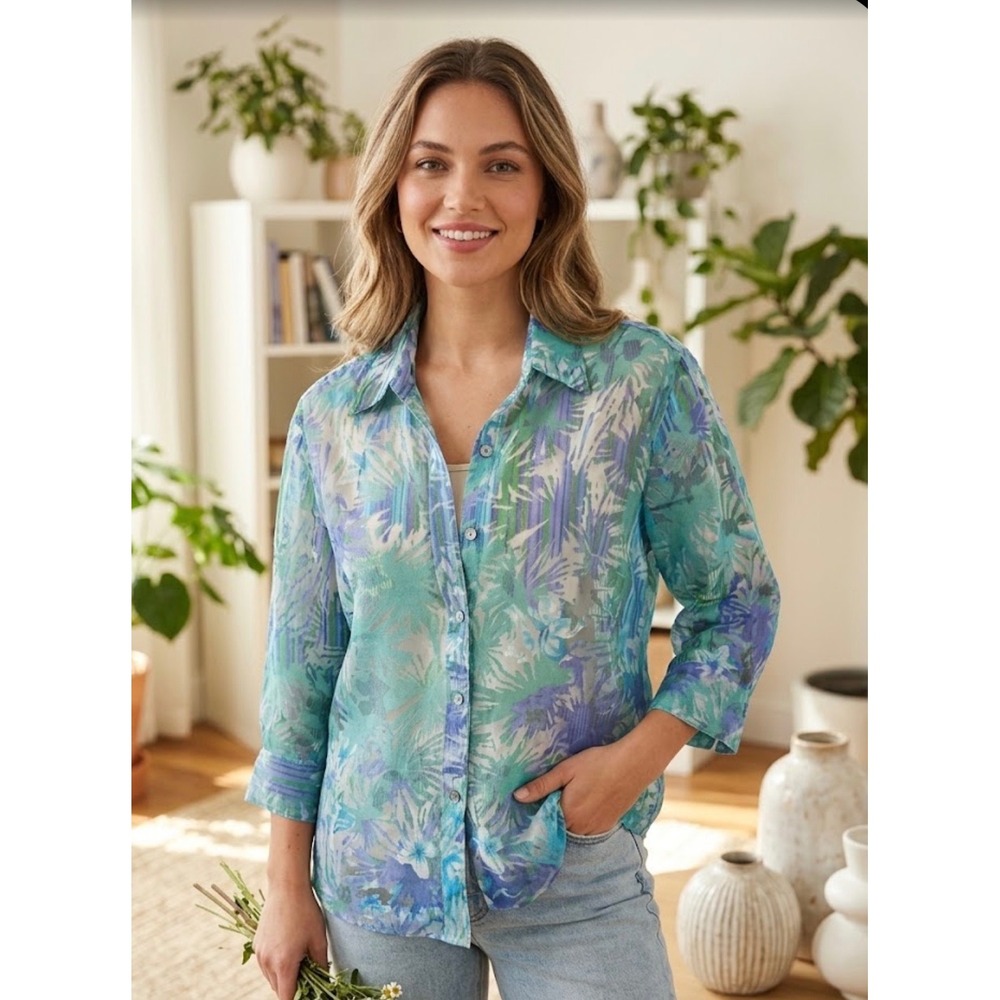 Choices Floral Burnout Button Down Shirt Teal Blue Purple 3/4 Sleeve Large